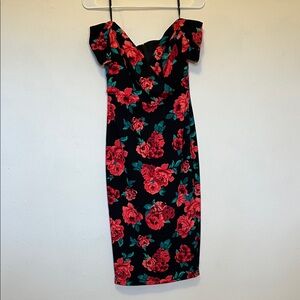 Floral Off-Shoulder Midi Dress - Black with Pink + Red Roses